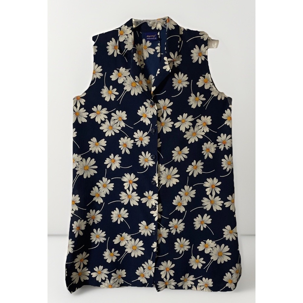 Egatex Blue Daisies Chiffon Sleeveless Button Down Shirt Dress Women's Size M